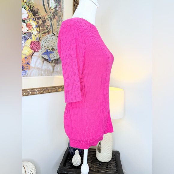 Elie Tahari Women’s Sweater Large Hot Pink Textured Knit Short Sleeve Top - Picture 8 of 9